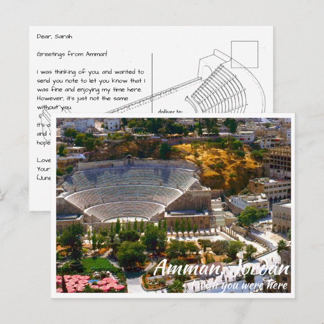 Carte Postale Amman Jordan avec théâtre romain près (Devant / Derrière)