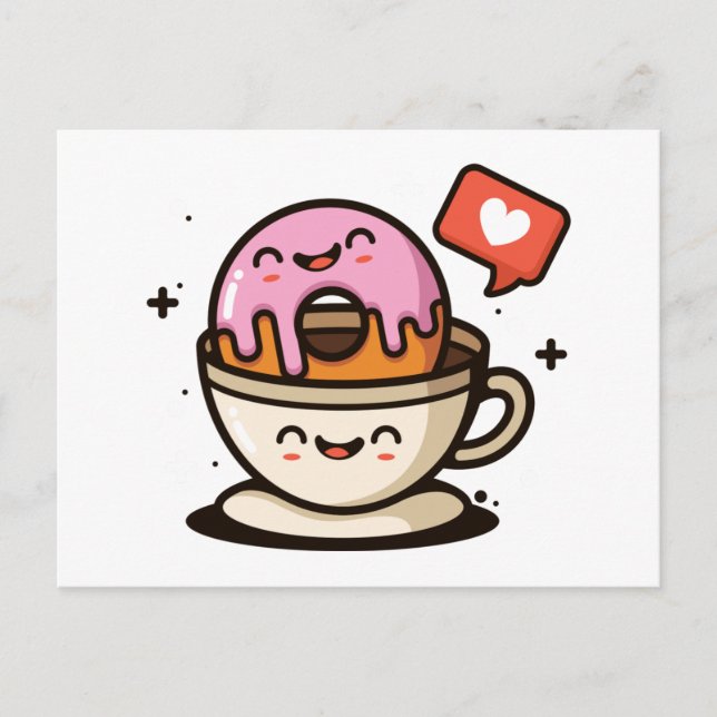 Carte Postale Amour de café mignon et de beignets (Devant)