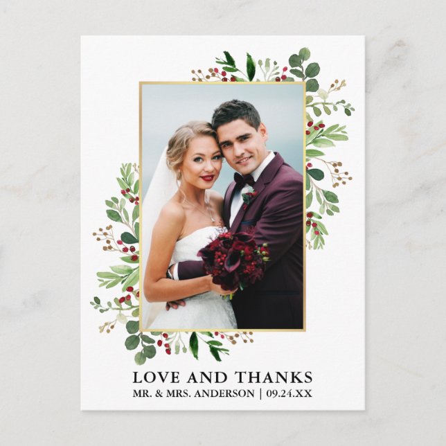 Carte Postale Amour de verdure d'hiver aquarelle Merci Or (Devant)