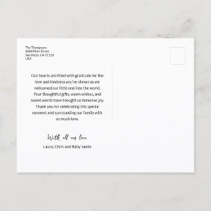 Carte Postale Amour Merci cœur écriture Photo Naissance Bébé