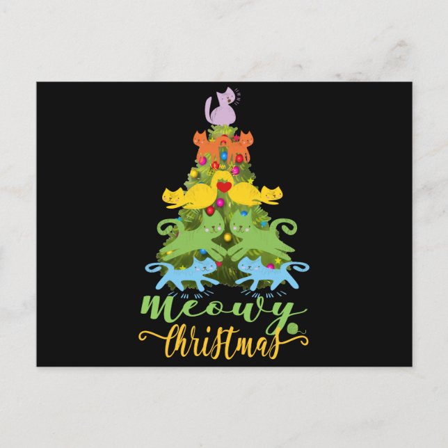 Carte Postale Amoureux des chats Joyeux Meowy Noël Arbre de Noël (Devant)
