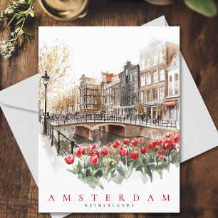 Carte Postale Amsterdam Canal Red Tulips Aquarelle Voyage