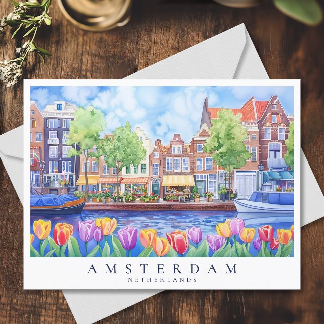 Carte Postale Amsterdam Canal & Tulips Watercolor Travel (Amsterdam Canal & Tulips Watercolor Travel Postcard)