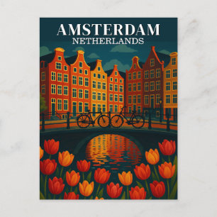 Carte Postale Amsterdam la nuit Vélos sur un pont Fleurs