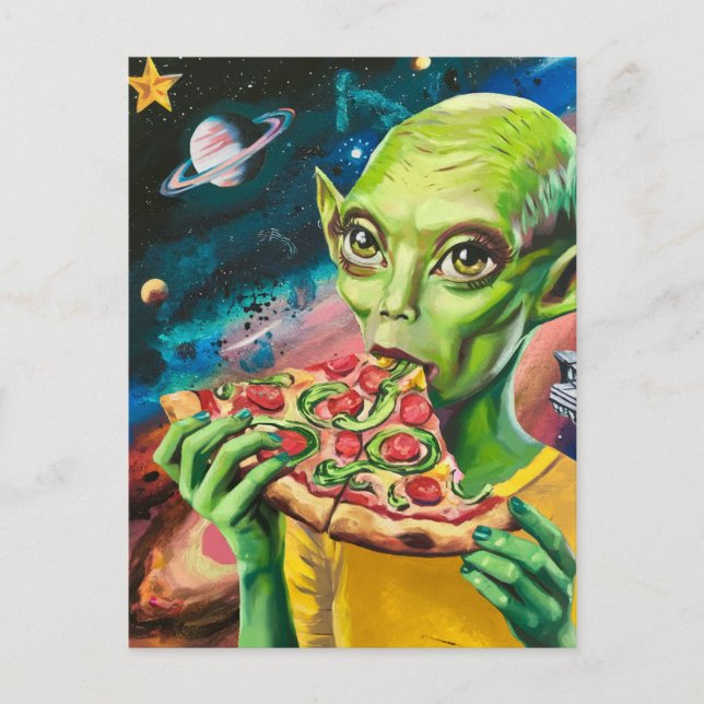 Carte Postale Amusant Alien dans l'espace manger de la pizza (Devant)