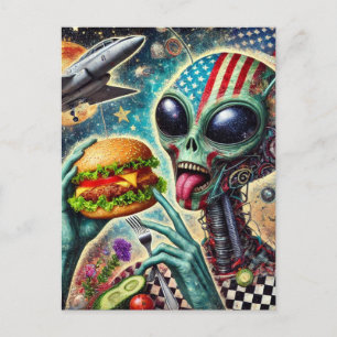 Carte Postale Amusant Alien Manger Cheeseburger Encaustic Collag