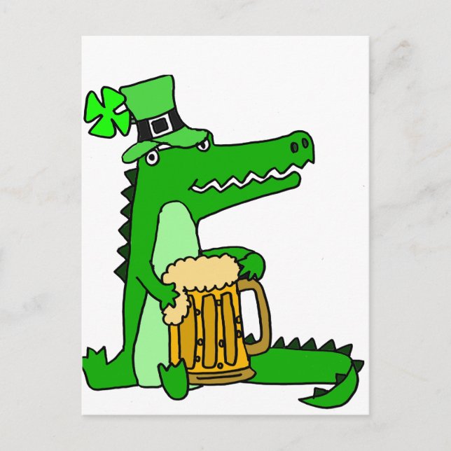 Carte Postale Amusant Alligator avec Bière St. Patrick's Day Art (Devant)
