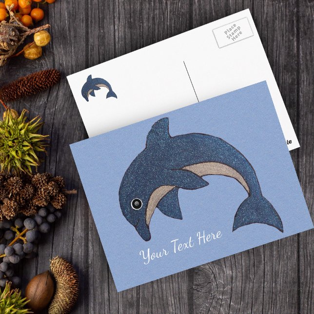 Carte Postale Amusant Bleu Océan Étincelle Blanche Comme Dauphin (Sparkle dark blue and white jumping dolphin on light blue postcard.)