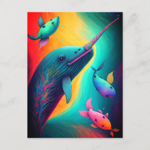 Carte Postale Amusant coloré Narwhal Imaginaire Sea Créatures Ar