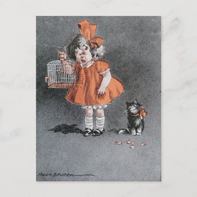 Carte Postale Amusant Enfant et cheky Chat Vintage antique (Devant)