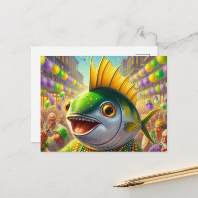 Carte Postale Amusant Poisson Mardi Gras (Devant/Arrière en situation)