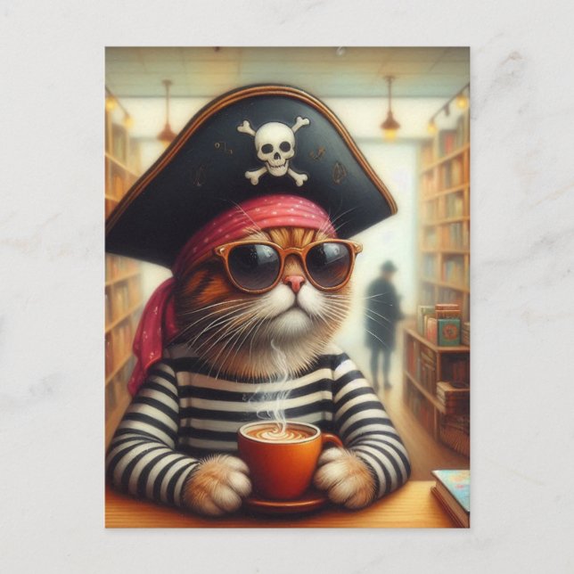 Carte Postale Amusante AI Art Pirate Cat Avec Café Dans La Libra (Devant)