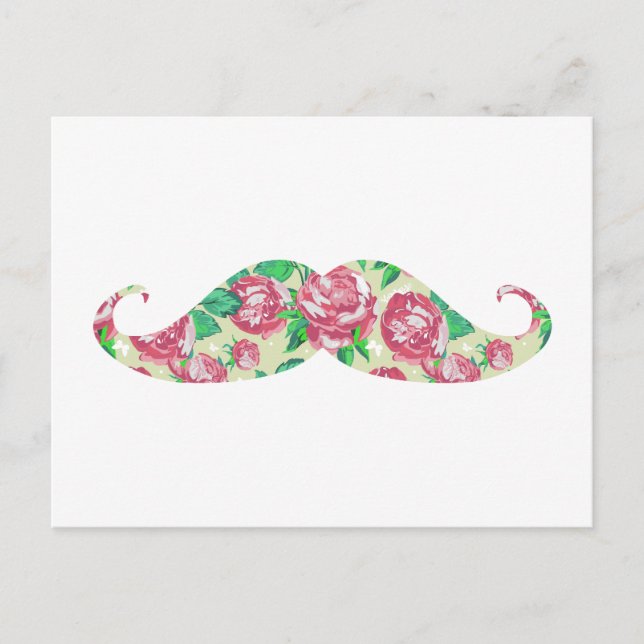 Carte Postale Amusante Fille Rose Vert Blanc Floral Moustache (Devant)