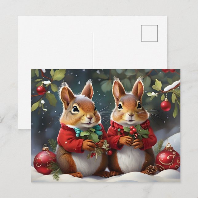 Carte Postale Amusement festif avec de mignons écureuils de Noël (Devant / Derrière)