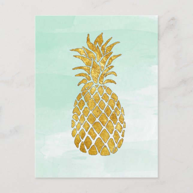Carte Postale ananas doré sur fond de mint en aquarelle (Devant)
