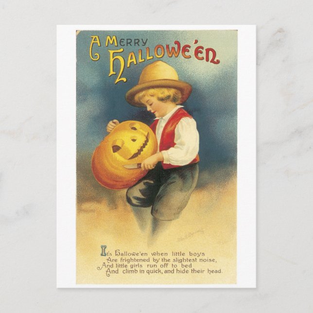 Carte Postale Ancien Halloween, le garçon fait Jack-o-lanterne (Devant)