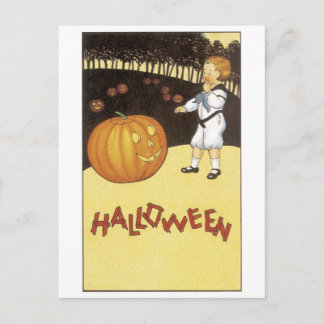 Carte Postale Ancien Halloween, le garçon rencontre Jack-o-lante