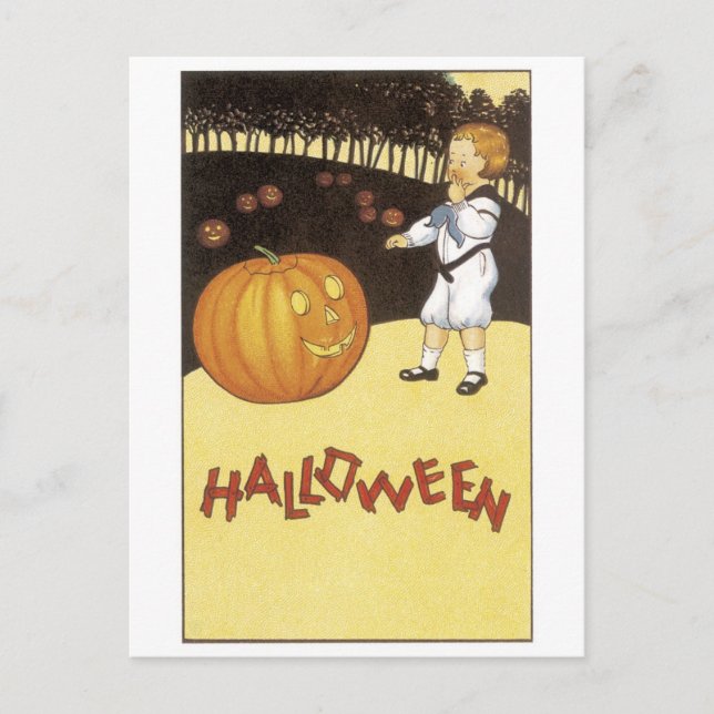 Carte Postale Ancien Halloween, le garçon rencontre Jack-o-lante (Devant)
