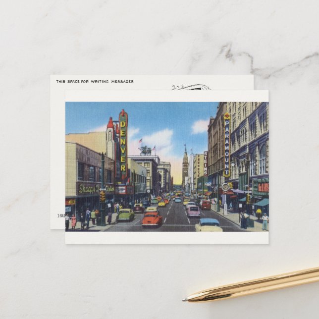 Carte postale ancienne de Downtown Denver - Réimpr (Devant/Arrière en situation)