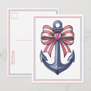 Carte Postale Ancre bleue marine avec nœud rayé rouge et blanc