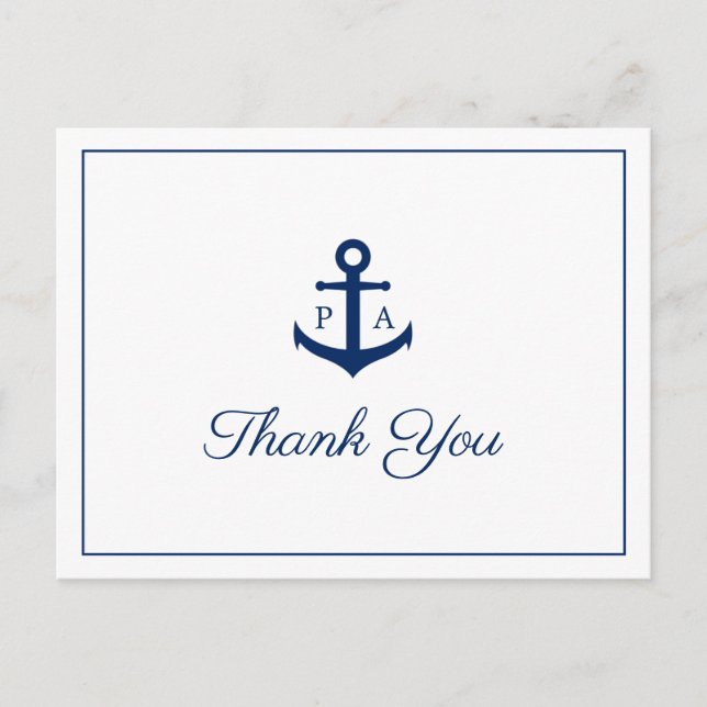 Carte Postale Ancre bleue Monogramme Mariage nautique Merci (Devant)
