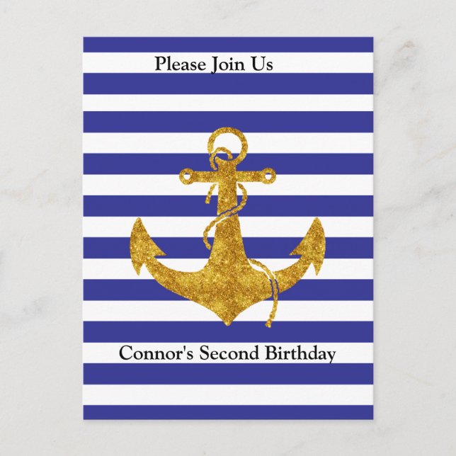 Carte Postale Ancre d'or avec Bleu Stripes Anniversaire (Devant)