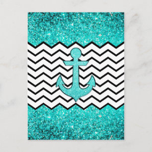 Carte Postale ancre et chevron turquoise parties scintillant
