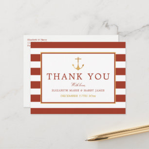 Carte Postale Ancre or nautique, brique rouge et Merci or