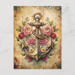 Carte Postale Ancre Rustique Vintage Roses Océan Nautical