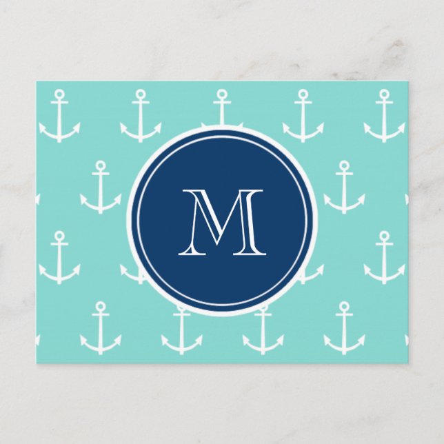 Carte Postale Ancre verte menthe et blanc, monogramme bleu marin (Devant)