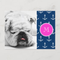 Ancres Bleu Marine Motif, Monogramme Rose Chaud