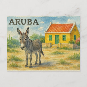 Carte Postale Âne d'Aruba avec aquarelle de maison Cunucu jaune