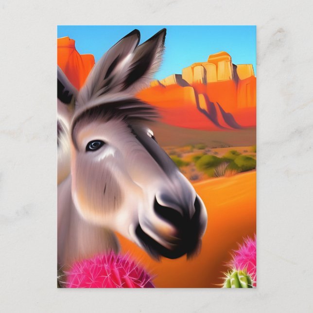 Carte Postale Âne du désert mou avec cactus à fleurs (Devant)