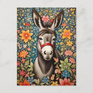 Carte Postale Âne Mignon Sur Fond Floral Coloré