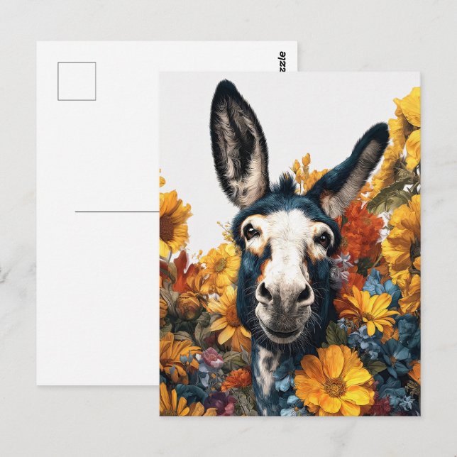 Carte Postale Âne souriant dans le jardin Fleur sauvage (Devant / Derrière)