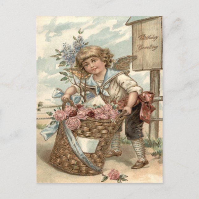 Carte Postale Ange Cherub Panier d'oiseaux Rose (Devant)