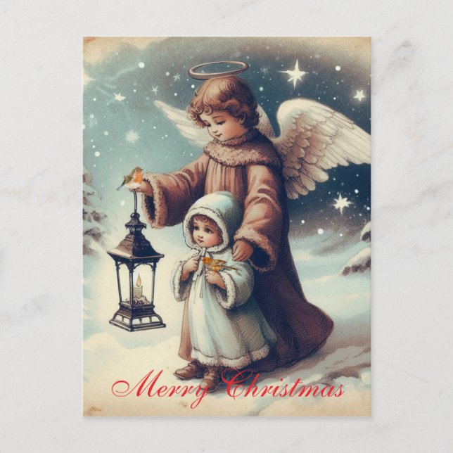Carte Postale Ange de Noël, Enfant et Oiseaux (Devant)