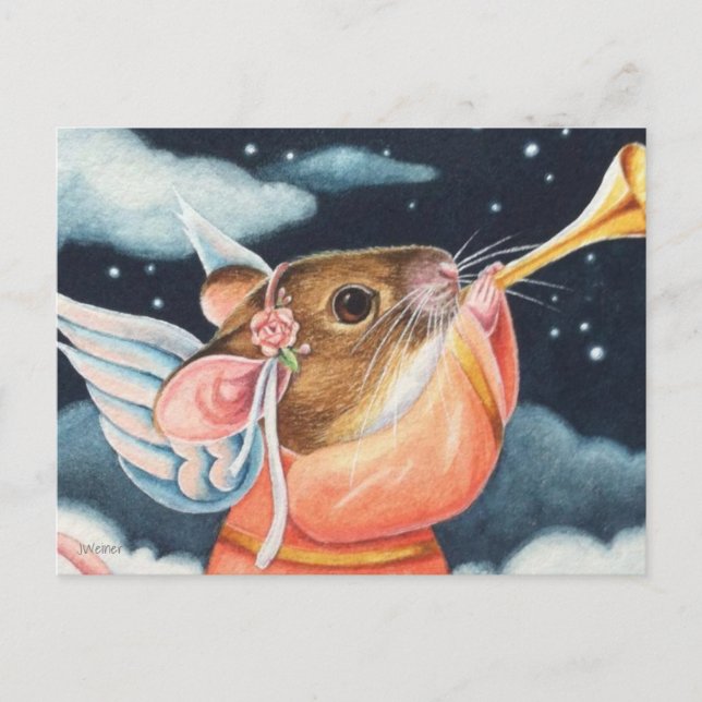 Carte Postale Ange de Noël Souris et trompette Aquarelle Art (Devant)