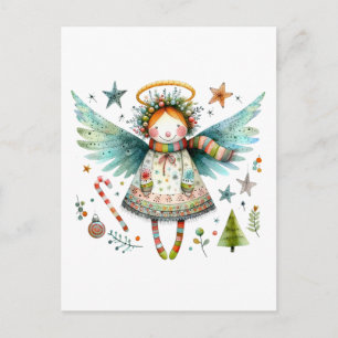 Carte Postale Ange de Noël Whimsical Style d'art populaire moder