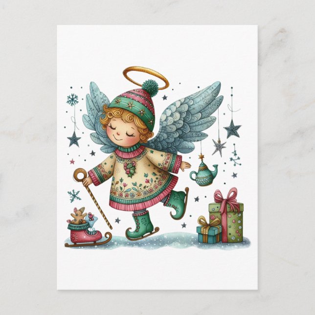 Carte Postale Ange de Noël Whimsical sur patins sur glace (Devant)