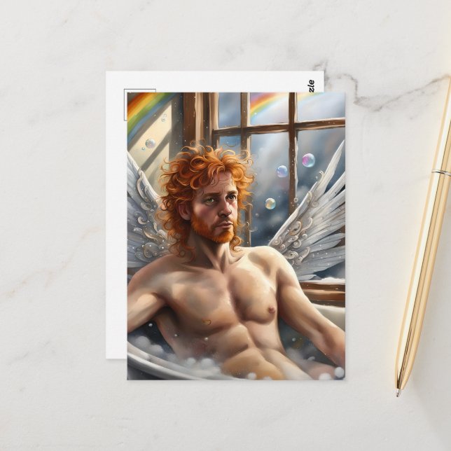 Carte Postale Ange Fée Homme Cheveux Rouges dans le Bain Moussan (Devant/Arrière en situation)