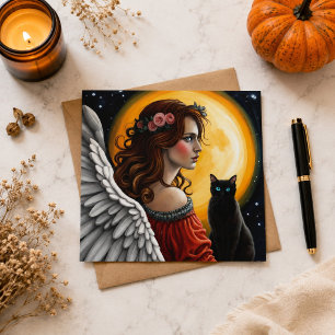 Carte Postale Ange gothique Chat Noir Pleine Lune Céleste