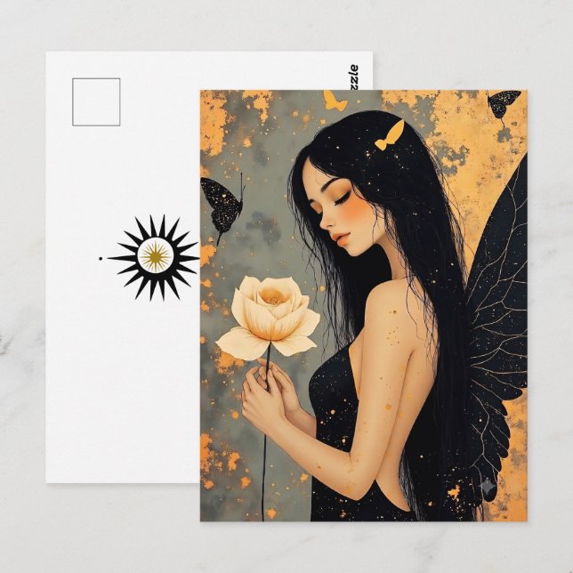 Carte Postale Ange gothique et Rose | Garder le contact (Devant / Derrière)
