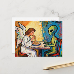 Carte Postale Ange mangeant des spaghetti avec un extraterrestre