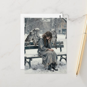 Carte Postale Ange mélancolique dans un parc enneigé dessin à l'