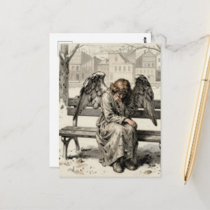 Carte Postale Ange mélancolique dans un parc urbain enneigé aux