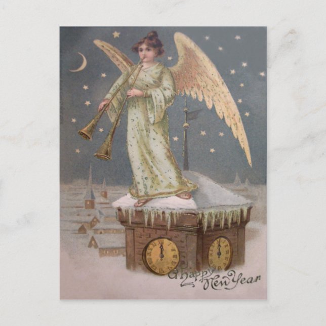 Carte Postale Angel Cherub Horn Horloge Tour Lune Étoiles (Devant)