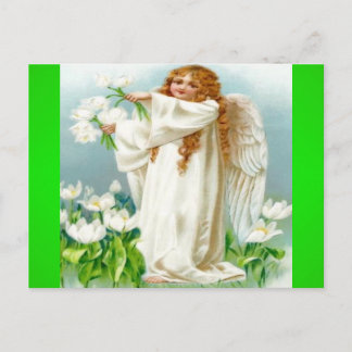 Carte Postale Angel vintage tenant des fleurs blanches