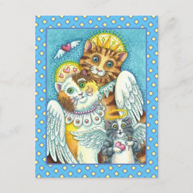 CARTE POSTALE ANGES CHAT, PETIT CHAT & SOURIS AU CIEL, HALO & AI (Devant)