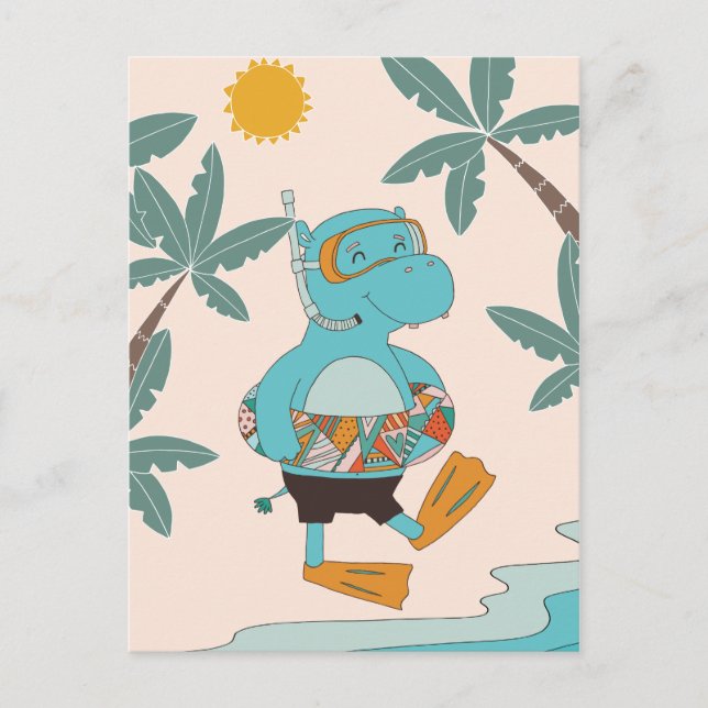 Carte Postale Animal Happy Summer Hippo Play sur la plage (Devant)